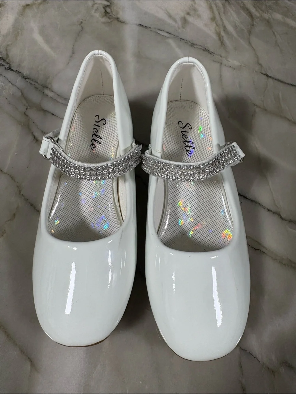 Girls' White Patent Mary Jane with rhinestone Strap
